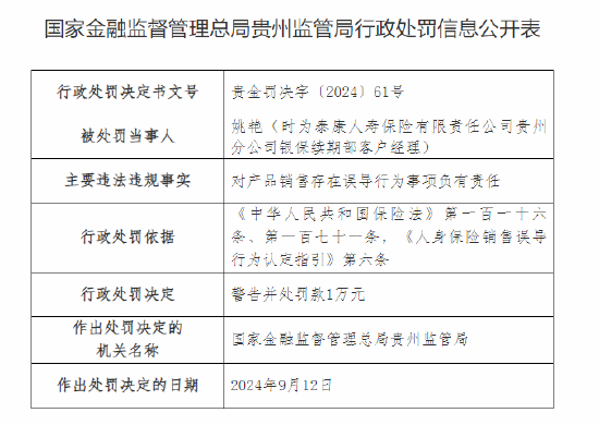 泰康人壽貴州分公司被罰42萬元：因未如實記錄保險業(yè)務(wù)事項等違法違規(guī)行為