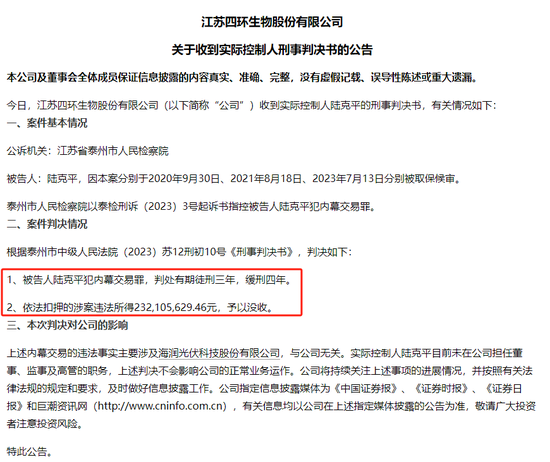 四環(huán)生物實控人陸克平犯內(nèi)幕交易罪，被判處有期徒刑三年緩刑四年、沒收違法所得2.32億元