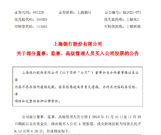 上海銀行：部分董監(jiān)高以自有資金買入公司股票 合計29.2萬股