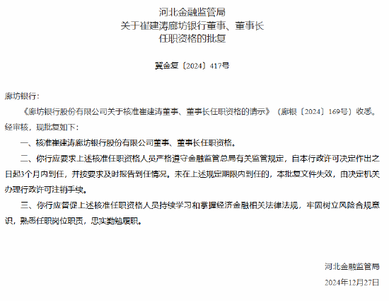 廊坊銀行董事長(zhǎng)崔建濤任職資格獲批