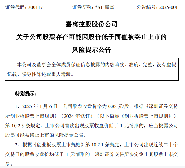 *ST嘉寓提示存在“面值退”風(fēng)險(xiǎn)，收盤價(jià)首次低于1元/股