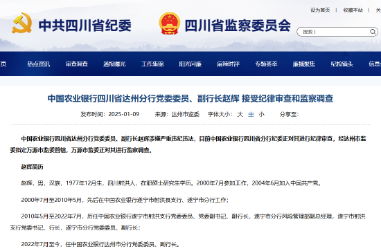 農業(yè)銀行四川省達州分行黨委委員、副行長趙輝被查