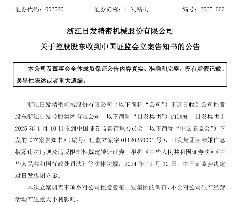 002520，控股股東被證監(jiān)會立案！