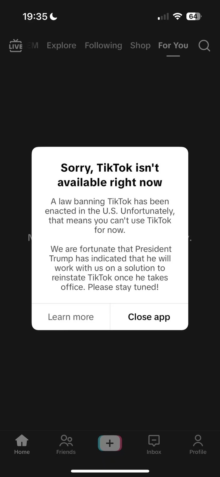 TikTok停止在美服務，稱特朗普表示上任后將共同尋求恢復其使用