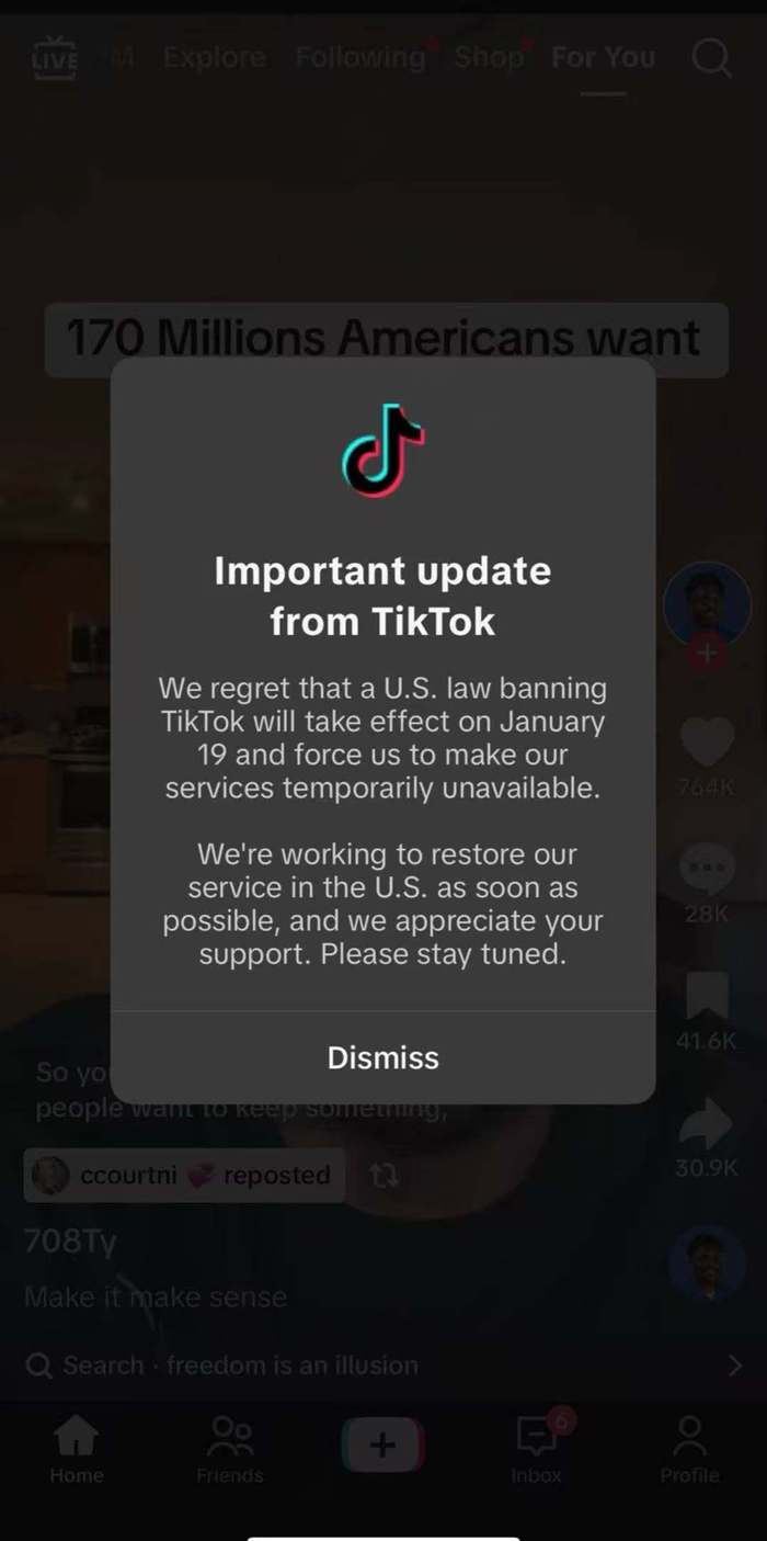 TikTok推送關(guān)停通知：正盡快努力在美國恢復(fù)服務(wù)