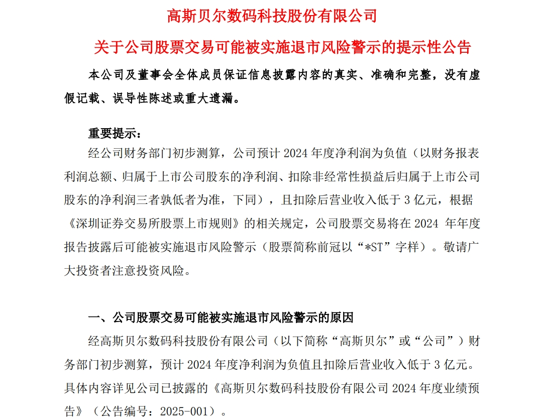 A股公司高斯貝爾公告：可能被*ST！發(fā)生了什么？
