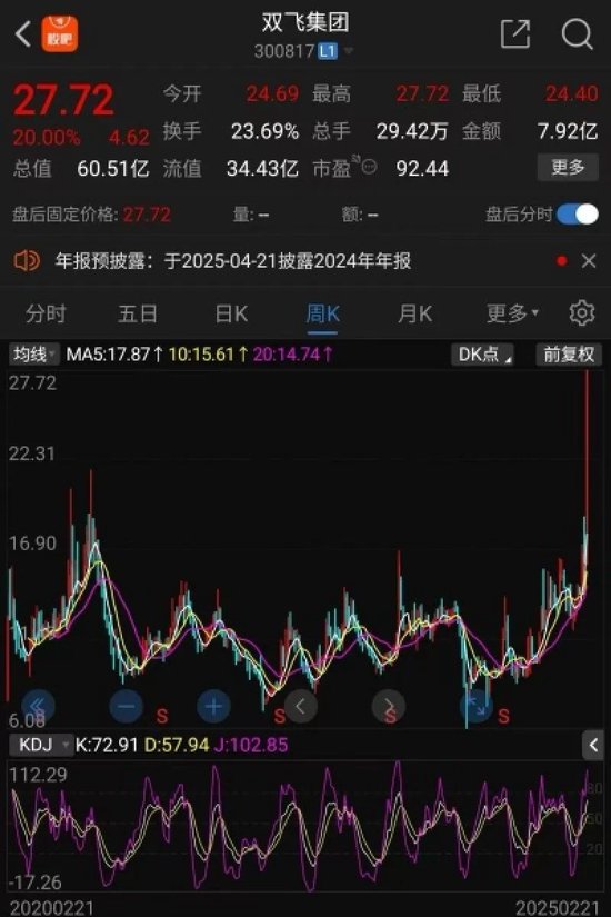 連續(xù)兩個“20cm漲?！保‰p飛集團(tuán)股價創(chuàng)歷史新高，1.35萬股民嗨了