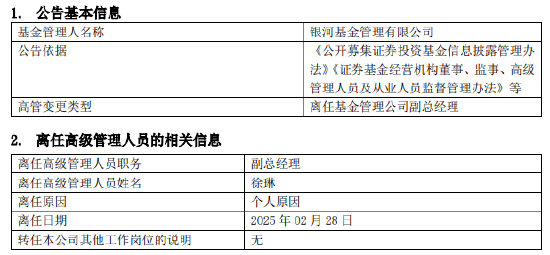 任職4年4月！銀河基金高管變更：副總經(jīng)理徐琳離任