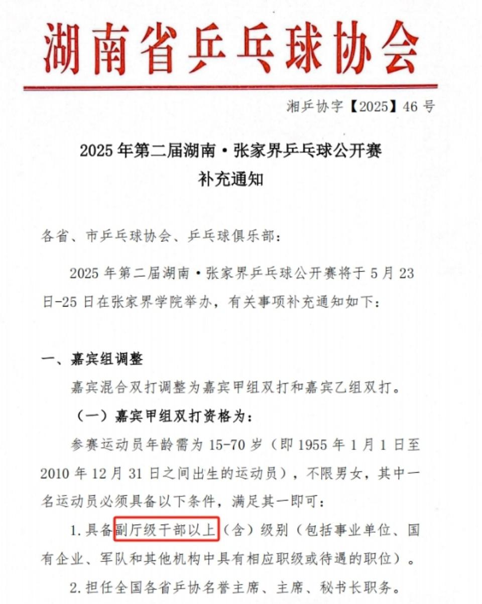 張家界乒乓球公開賽設干部職級門檻引關注，回應：僅限嘉賓組
