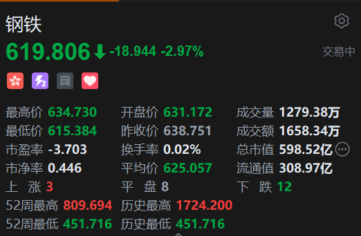 恒生科技指數(shù)、國企指數(shù)跌幅擴大至3%，鋼鐵股集體下挫